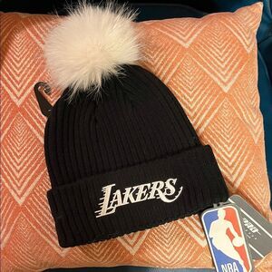 Lakers Black Beanie with White Pom